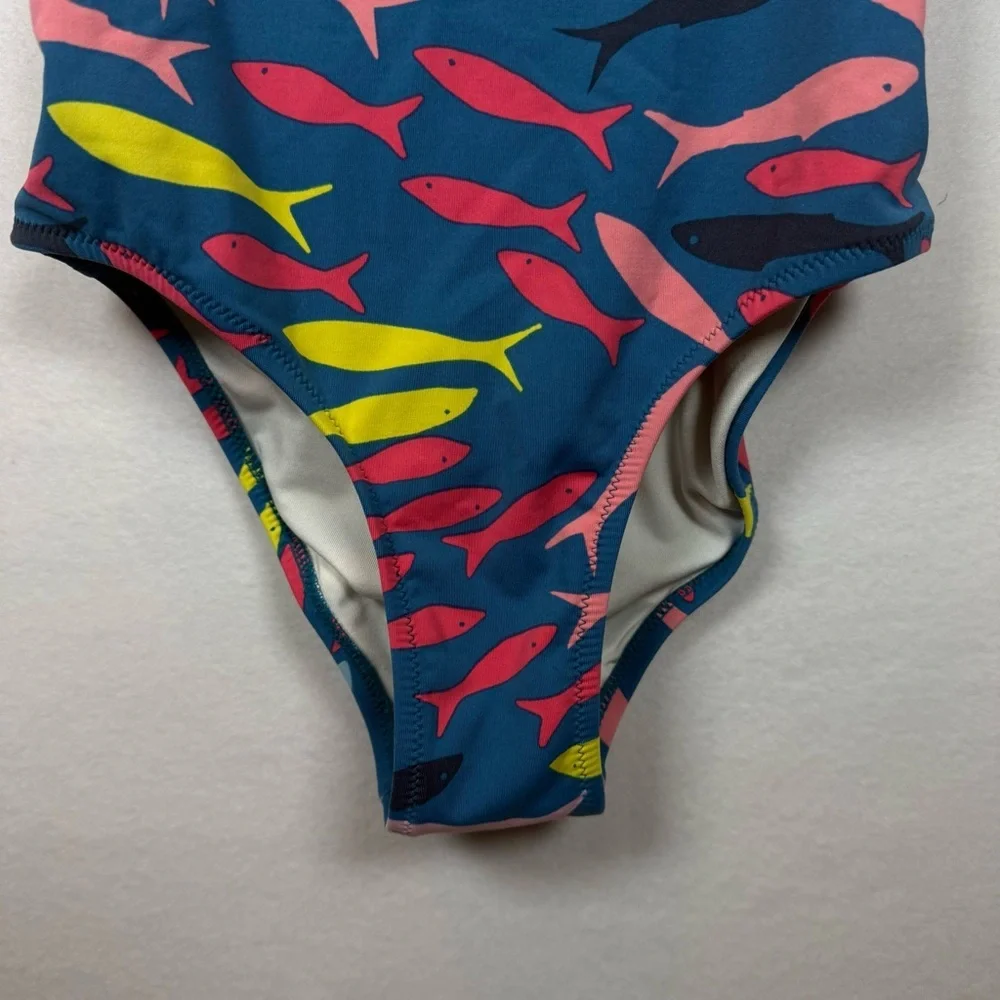Garnet Hill Girls Size 12 Ruffle One-Piece Swimsuit Teal Fish Print Swimwear